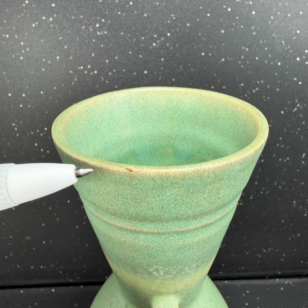 Vintage Matte Green Art Pottery Double Handle Amphora Vase 9 Inch Sage Seafoam